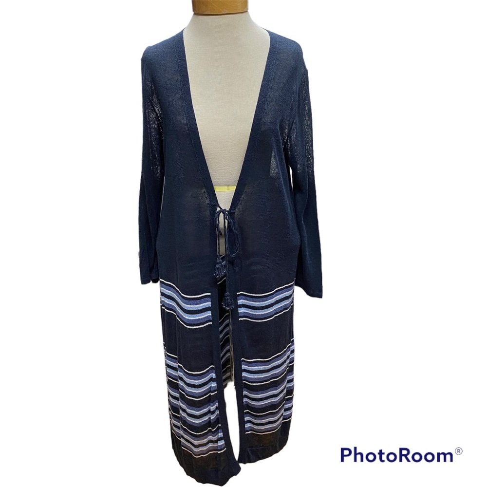 J Jill Tie Front Cardigan Duster Length Size M Navy w/ Light Blue Stripes Boho
